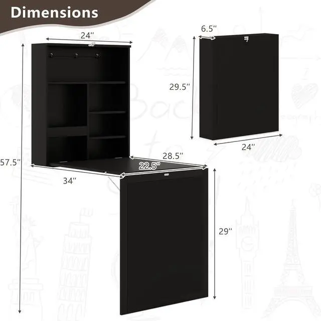 Alt view image 3 of 7 - Tangkula Foldable Wall-Mounted Desk, Floating Desk with Chalkboard, Storage Shelves & Hooks, Space-Saving Murphy Table for Home Office, Bedroom, Dorm Room, Small Spaces