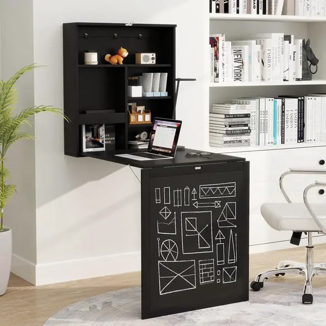 Alt view image 2 of 7 - Tangkula Foldable Wall-Mounted Desk, Floating Desk with Chalkboard, Storage Shelves & Hooks, Space-Saving Murphy Table for Home Office, Bedroom, Dorm Room, Small Spaces