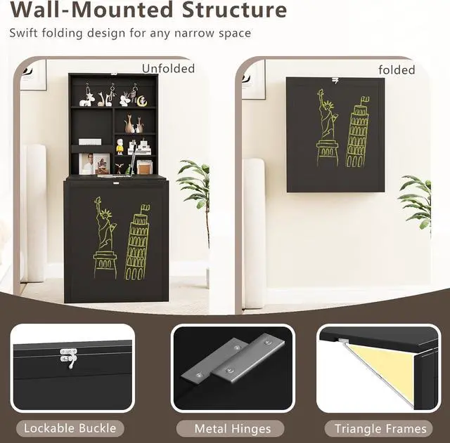 Alt view image 5 of 7 - Tangkula Foldable Wall-Mounted Desk, Floating Desk with Chalkboard, Storage Shelves & Hooks, Space-Saving Murphy Table for Home Office, Bedroom, Dorm Room, Small Spaces