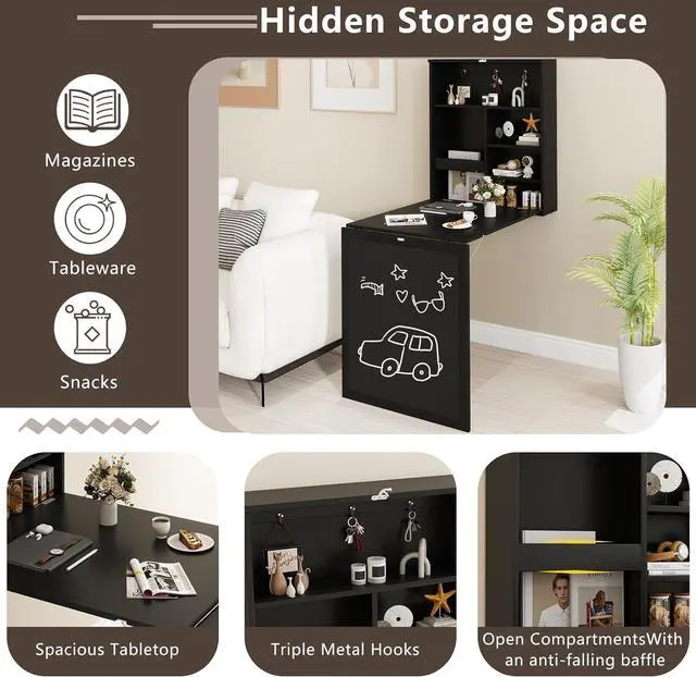 Alt view image 4 of 7 - Tangkula Foldable Wall-Mounted Desk, Floating Desk with Chalkboard, Storage Shelves & Hooks, Space-Saving Murphy Table for Home Office, Bedroom, Dorm Room, Small Spaces