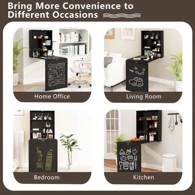 Alt view image 7 of 7 - Tangkula Foldable Wall-Mounted Desk, Floating Desk with Chalkboard, Storage Shelves & Hooks, Space-Saving Murphy Table for Home Office, Bedroom, Dorm Room, Small Spaces