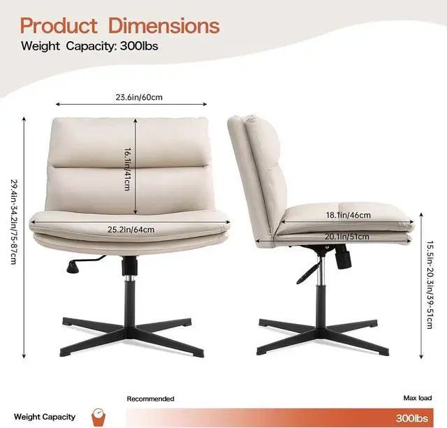 Alt view image 3 of 7 - EMIAH Criss Cross Chair No Wheels Armless Desk Chair Comfy, PU Leather | Vanity Chair Mid-Back for Home Computer Comfortable Adjustable Swivel Task Chair with Thickened Cushion