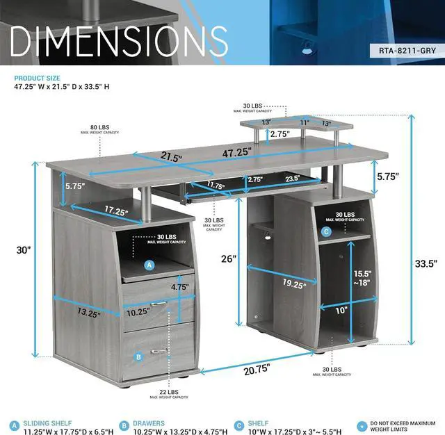 Alt view image 3 of 7 - Techni Mobili 47" Computer Desk with Drawers and Storage, Office Desk with Printer Shelf, Pull Out Shelf and Keyboard Tray, Computer Workstation, Grey