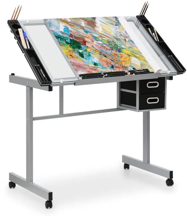 Main image of Drafting Table on Wheels with Storage & Side Tray - Adjustable 0-65° Glass Tabletop, Replaceable Feet Art Desk