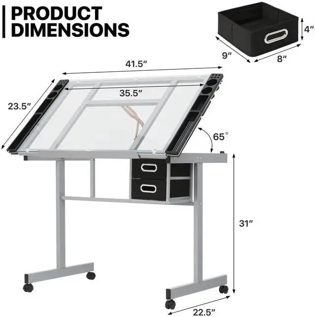 Alt view image 3 of 7 - Drafting Table on Wheels with Storage & Side Tray - Adjustable 0-65° Glass Tabletop, Replaceable Feet Art Desk