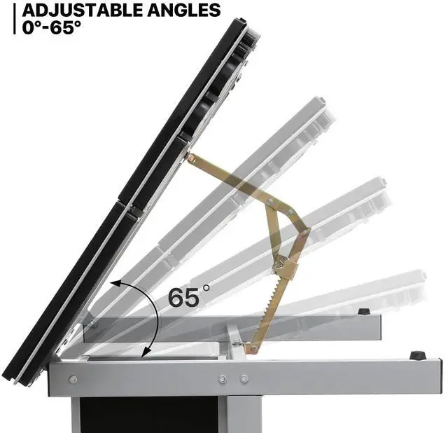 Alt view image 7 of 7 - Drafting Table on Wheels with Storage & Side Tray - Adjustable 0-65° Glass Tabletop, Replaceable Feet Art Desk