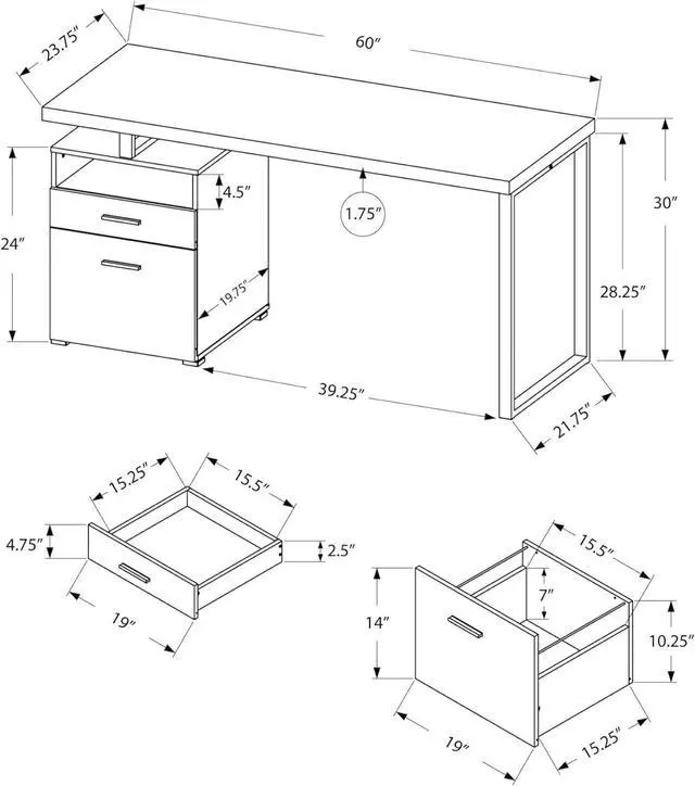 Alt view image 5 of 5 - Monarch Specialties Computer Writing Desk for Home & Office Laptop Table with Drawers Open Shelf and File Cabinet-Left or Right Set Up, 60" L, White