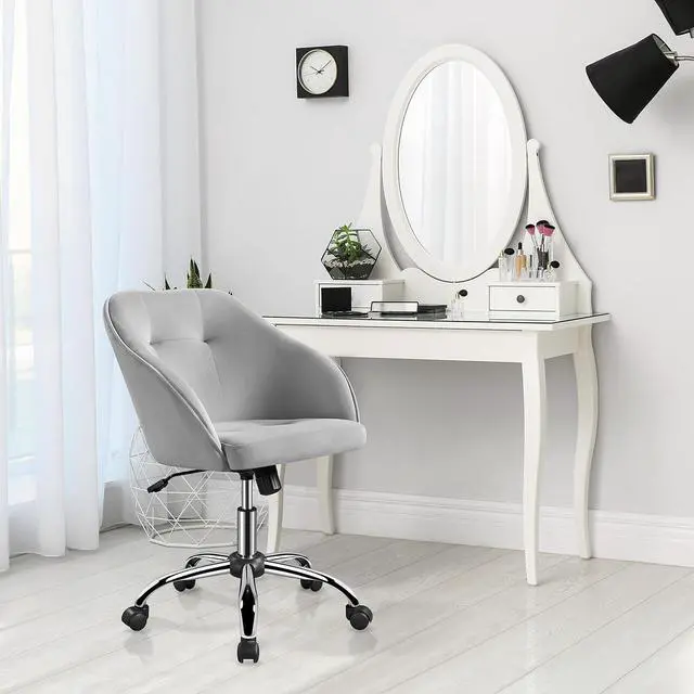 Alt view image 2 of 7 - Yaheetech Velvet Vanity Chair with Wheels, Tufted Makeup Seat, Light Gray