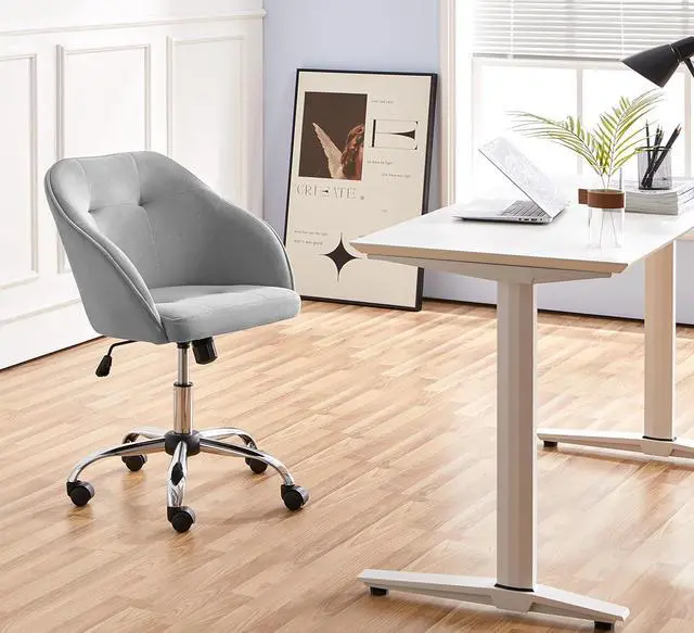 Alt view image 5 of 7 - Yaheetech Velvet Vanity Chair with Wheels, Tufted Makeup Seat, Light Gray