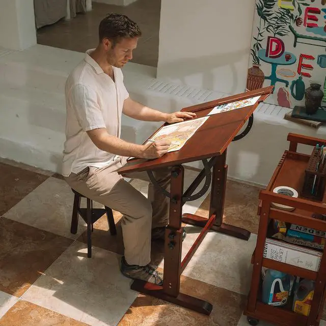 Alt view image 2 of 6 - MEEDEN Wood Drafting Table,Artist Drawing Table with Height Adjustable & Tilting Large Surface Tabletop,Studio Painting Table,Art Craft Desk for Writing,Reading,Working Desk,Walnut Color