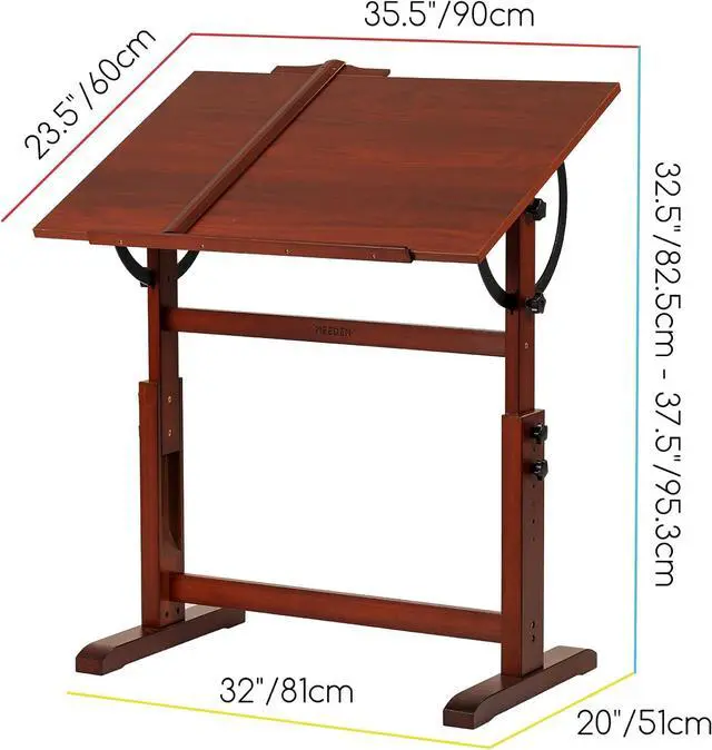 Alt view image 3 of 6 - MEEDEN Wood Drafting Table,Artist Drawing Table with Height Adjustable & Tilting Large Surface Tabletop,Studio Painting Table,Art Craft Desk for Writing,Reading,Working Desk,Walnut Color