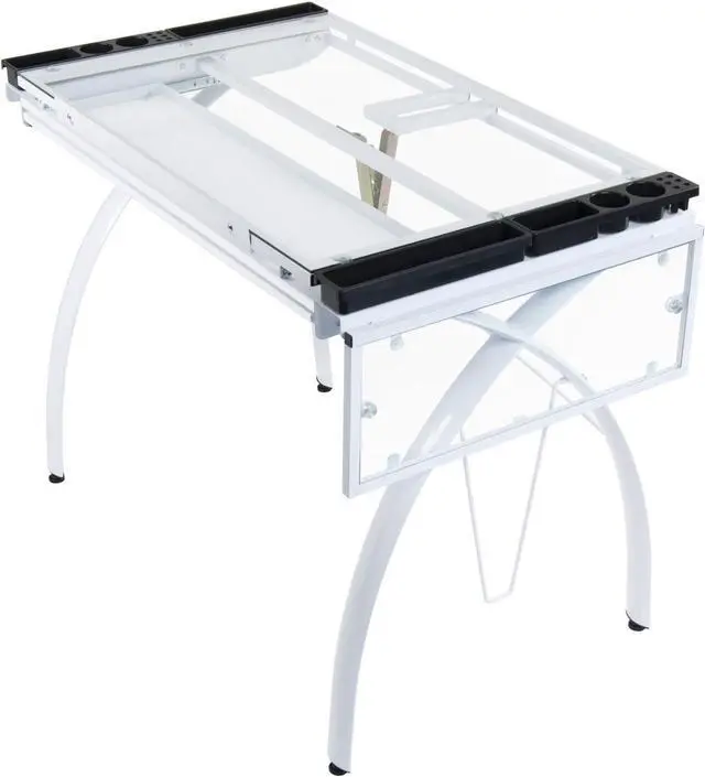 Alt view image 4 of 5 - SD Studio Designs 10096 Futura Station with Folding Shelf Top Adjustable Drafting Craft Drawing Hobby Table Writing Studio Desk with Drawer, 35.5'' W x 23.75'' D, White/Clear Glass