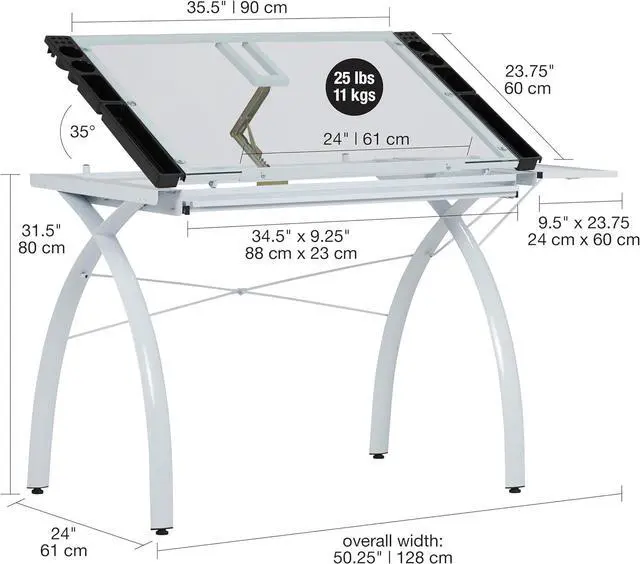 Alt view image 3 of 5 - SD Studio Designs 10096 Futura Station with Folding Shelf Top Adjustable Drafting Craft Drawing Hobby Table Writing Studio Desk with Drawer, 35.5'' W x 23.75'' D, White/Clear Glass