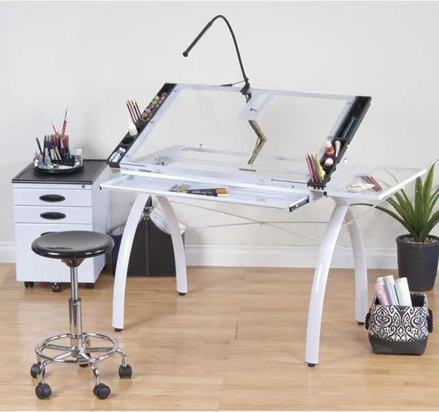 Alt view image 2 of 5 - SD Studio Designs 10096 Futura Station with Folding Shelf Top Adjustable Drafting Craft Drawing Hobby Table Writing Studio Desk with Drawer, 35.5'' W x 23.75'' D, White/Clear Glass