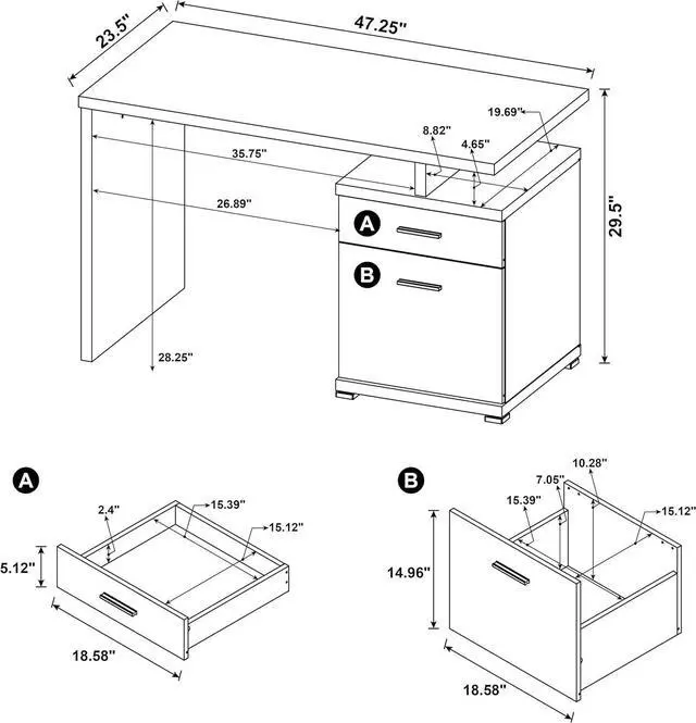 Alt view image 3 of 7 - Coaster Home Furnishings - Irving - Engineered Wood - 2-Drawer Computer Desk with File Cabinet, Rectangular Desk with Smooth Top, and Plastic Glides - Home Office - 47-Inch - White - 800110