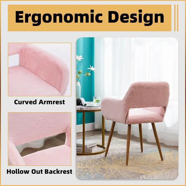 Alt view image 5 of 7 - Furry Desk Chair, Comfy Armchair with Faux Fur for Teen Girls, Pink, 1PC | Comfy Seating with Wood Frame, Sturdy Metal Legs, Ideal for Vanity, Stylish Design, Hollow Backrest for Breathability