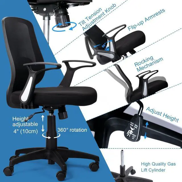 Alt view image 6 of 6 - KOLLIEE Mid Back Mesh Office Chair Ergonomic Swivel Black Desk Office Chair Flip Up Armrests with Lumbar Support Adjustable Height Computer Task Chairs