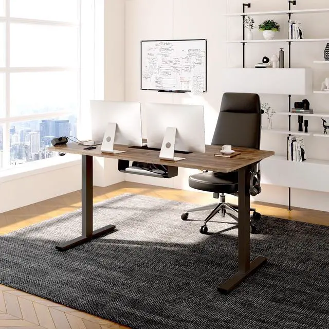 Alt view image 2 of 7 - FLEXISPOT EN2 Whole-Piece Standing Desk with Clamp Power Strip, 48 x 24 Electric Stand Up Height Adjustable Desk with Cable Management (Black Frame + 48" Brown Wood Grain Desktop, 2 Packages)