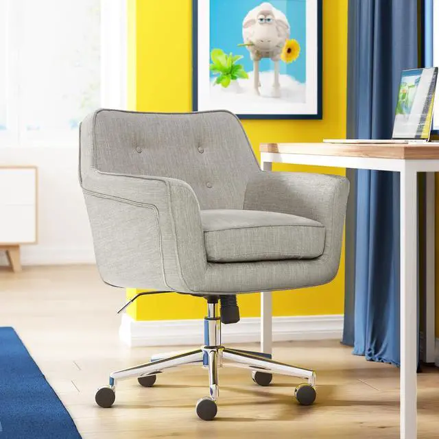 Alt view image 2 of 7 - Serta Ashland Home Office Desk Chair with Button Tufted Mid-Back, Memory Foam Cushion and Padded Arms, Mid Century Modern Vanity Armchair with Wheels for Bedroom, Chrome Metal Base, Light Gray