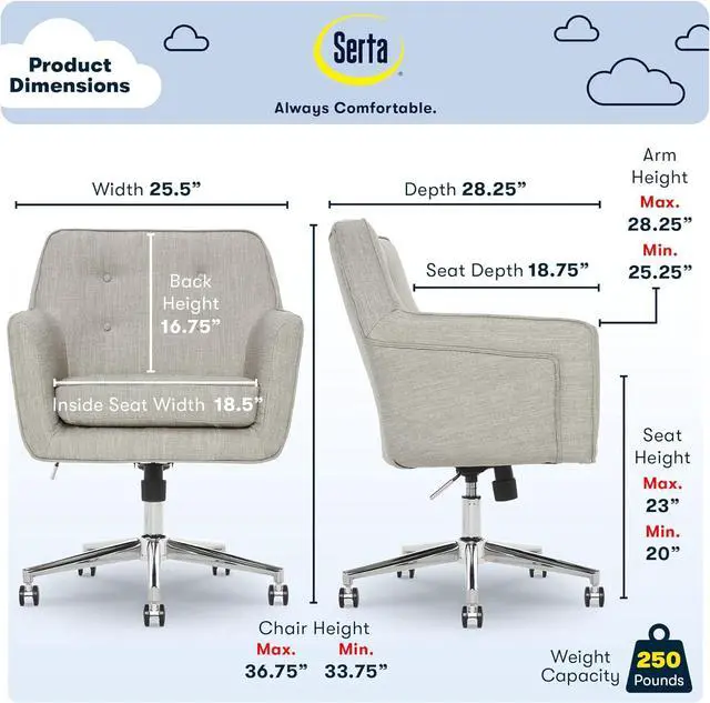 Alt view image 3 of 7 - Serta Ashland Home Office Desk Chair with Button Tufted Mid-Back, Memory Foam Cushion and Padded Arms, Mid Century Modern Vanity Armchair with Wheels for Bedroom, Chrome Metal Base, Light Gray