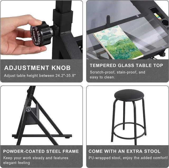 Alt view image 5 of 6 - LifeSky Drafting Table Adjustable for Artists - Art Drawing Desk with Storage for Painting Sketching - Glass Top for Painters Illustrators Cartoonists Black