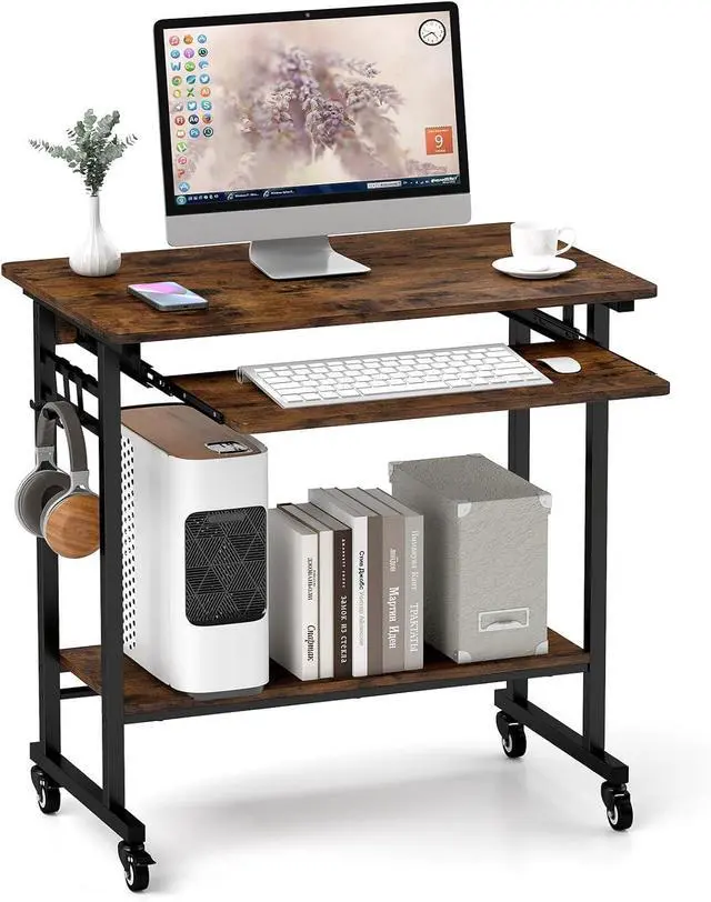 Main image of Tangkula Rolling Computer Desk Cart with Keyboard Tray, Mobile Portable Laptop PC Desk with CPU Stand & 3 Hooks for Sofa & Bed, Industrial Small Desk on Wheels for Small Spaces, Home Office Desk