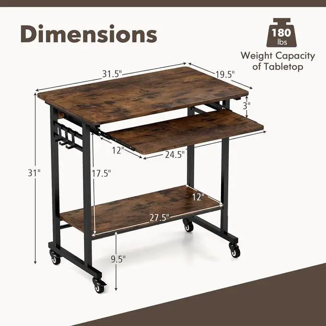 Alt view image 3 of 7 - Tangkula Rolling Computer Desk Cart with Keyboard Tray, Mobile Portable Laptop PC Desk with CPU Stand & 3 Hooks for Sofa & Bed, Industrial Small Desk on Wheels for Small Spaces, Home Office Desk