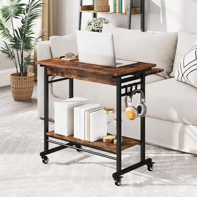 Alt view image 4 of 7 - Tangkula Rolling Computer Desk Cart with Keyboard Tray, Mobile Portable Laptop PC Desk with CPU Stand & 3 Hooks for Sofa & Bed, Industrial Small Desk on Wheels for Small Spaces, Home Office Desk