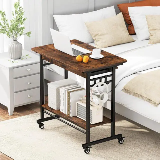 Alt view image 5 of 7 - Tangkula Rolling Computer Desk Cart with Keyboard Tray, Mobile Portable Laptop PC Desk with CPU Stand & 3 Hooks for Sofa & Bed, Industrial Small Desk on Wheels for Small Spaces, Home Office Desk