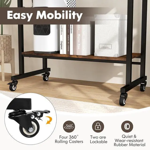 Alt view image 7 of 7 - Tangkula Rolling Computer Desk Cart with Keyboard Tray, Mobile Portable Laptop PC Desk with CPU Stand & 3 Hooks for Sofa & Bed, Industrial Small Desk on Wheels for Small Spaces, Home Office Desk