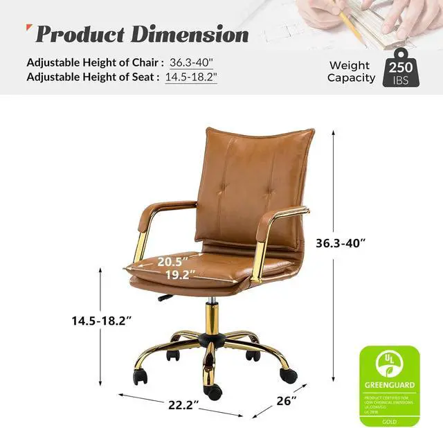 Alt view image 2 of 7 - HULALA HOME Faux Leather Home Office Desk Chair, Adjustable Swivel Computer Chair with Golden Legs and Arms, Comfy Upholstered Task Chair,Camel