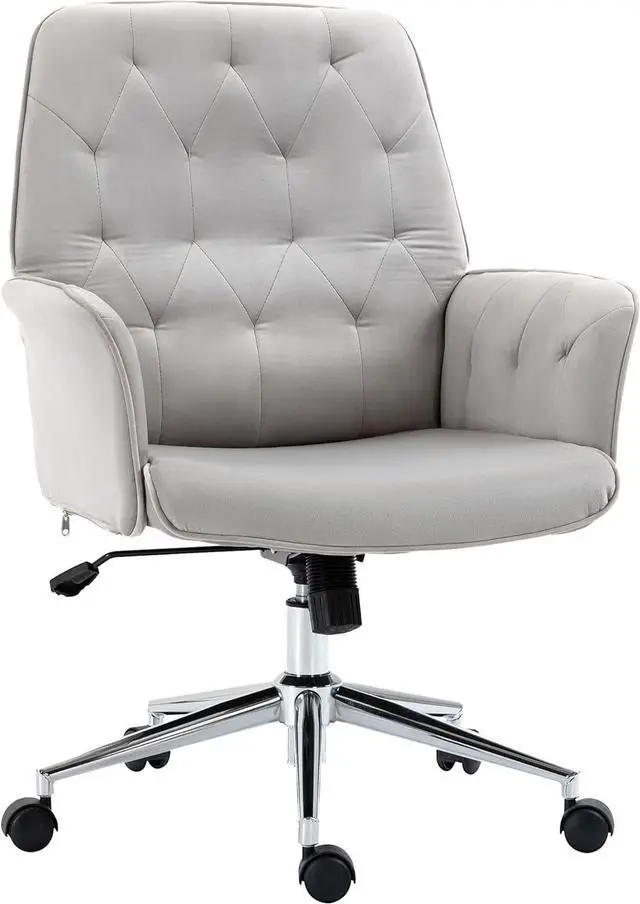 Main image of Vinsetto Velvet Home Office Chair, Tufted Height Adjustable Computer Desk Chair with Swivel Wheels and Padded Armrests, Light Gray