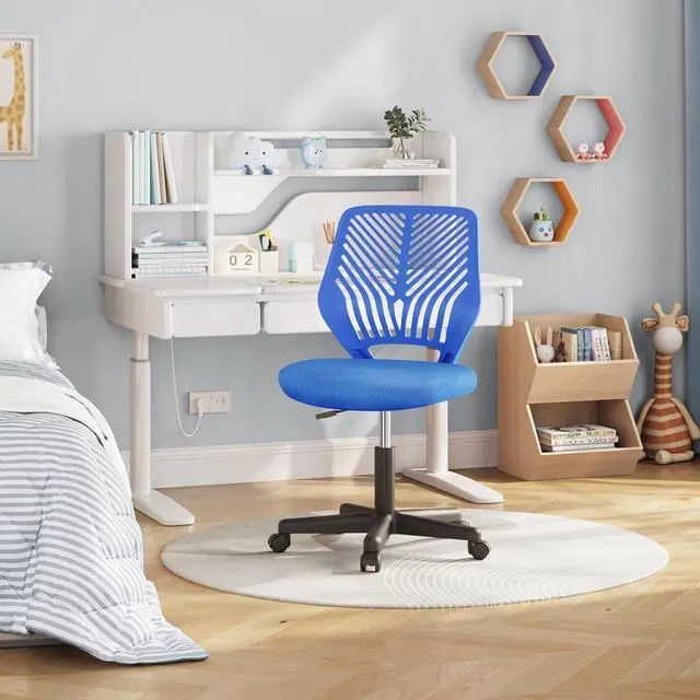 Alt view image 2 of 7 - Yaheetech Small Desk Chair, Armless Adjustable Swivel Seat, Blue | Padded mesh seat and ventilated resin back, compact armless frame rolls and adjusts for study and small desks, holds 300 lb.