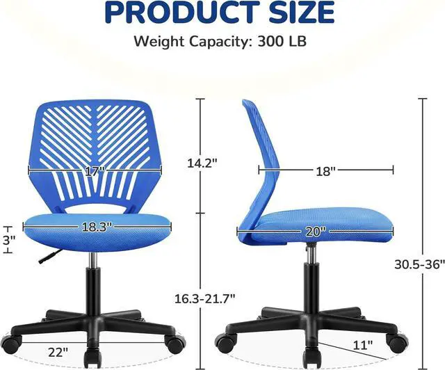 Alt view image 3 of 7 - Yaheetech Small Desk Chair, Armless Adjustable Swivel Seat, Blue | Padded mesh seat and ventilated resin back, compact armless frame rolls and adjusts for study and small desks, holds 300 lb.