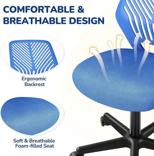 Alt view image 5 of 7 - Yaheetech Small Desk Chair, Armless Adjustable Swivel Seat, Blue | Padded mesh seat and ventilated resin back, compact armless frame rolls and adjusts for study and small desks, holds 300 lb.