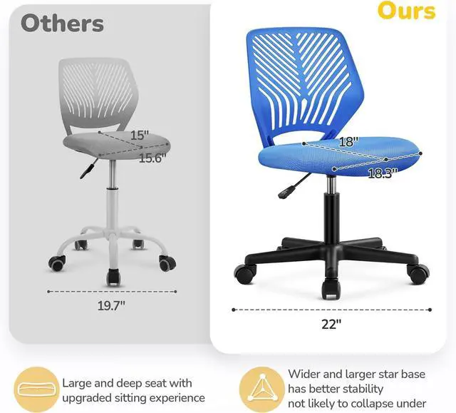 Alt view image 6 of 7 - Yaheetech Small Desk Chair, Armless Adjustable Swivel Seat, Blue | Padded mesh seat and ventilated resin back, compact armless frame rolls and adjusts for study and small desks, holds 300 lb.