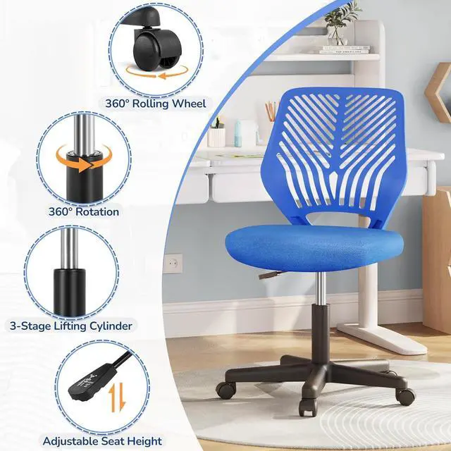 Alt view image 7 of 7 - Yaheetech Small Desk Chair, Armless Adjustable Swivel Seat, Blue | Padded mesh seat and ventilated resin back, compact armless frame rolls and adjusts for study and small desks, holds 300 lb.