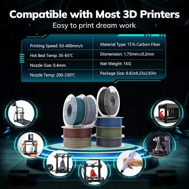 Alt view image 7 of 7 - AMOLEN Carbon Fiber PLA Filament 1.75mm, Lightweight & High-Strength PLA-CF Filament, Dimensional Accuracy ± 0.02mm, 1kg(2.2lbs) Spool for 3D Printers (Black)