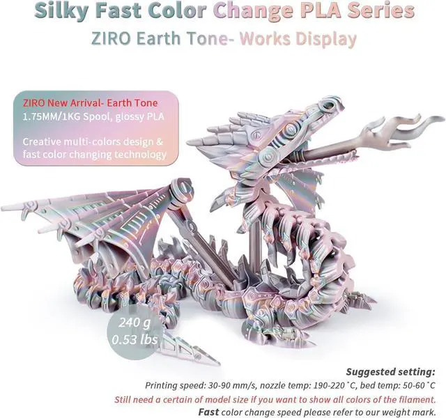 Alt view image 2 of 7 - ZIRO 3D Printer Filament, Shiny PLA Fast Gradient Color Change, Glossy Color Change by Length PLA, Fit Most FDM 3D Printers, Dimensional Accuracy +/-0.03mm, 1KG/2.2lb Spool, Earth Tone(Silk)