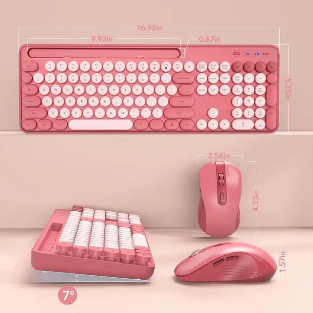 Alt view image 7 of 7 - Wireless Keyboard and Mouse Combo, Retro Round Keycap Typewriter Keyboard with Phone/Tablet Holder, Cute Colorful Keyboard for Computer/Laptop/Windows/Mac by SABLUTE, Pink