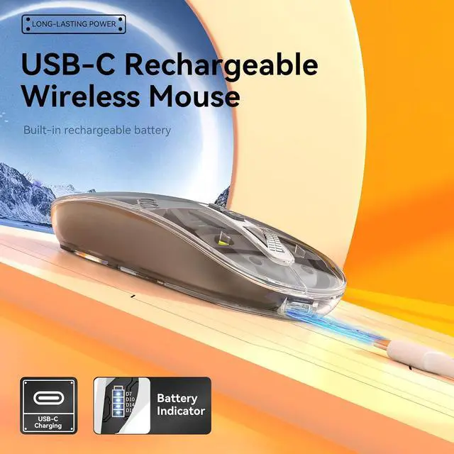 Alt view image 3 of 7 - Uiosmuph Bluetooth Wireless Mouse Tri-Mode (Dual BT5.1+2.4GHz) USB C Rechargeable Computer Mouse Full Transparent Silent Mouse with USB Receiver & Type C Adapter for Laptop/Mac/iPad/Chromebook Grey