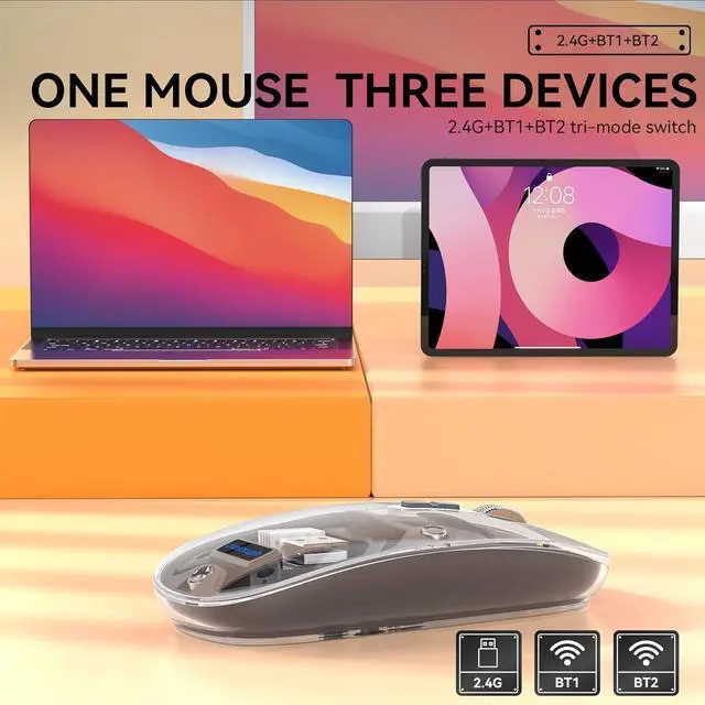 Alt view image 4 of 7 - Uiosmuph Bluetooth Wireless Mouse Tri-Mode (Dual BT5.1+2.4GHz) USB C Rechargeable Computer Mouse Full Transparent Silent Mouse with USB Receiver & Type C Adapter for Laptop/Mac/iPad/Chromebook Grey