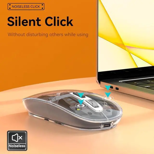 Alt view image 6 of 7 - Uiosmuph Bluetooth Wireless Mouse Tri-Mode (Dual BT5.1+2.4GHz) USB C Rechargeable Computer Mouse Full Transparent Silent Mouse with USB Receiver & Type C Adapter for Laptop/Mac/iPad/Chromebook Grey