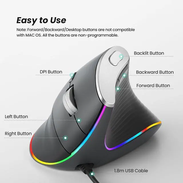 Alt view image 4 of 7 - M504 Wired Vertical Mouse USB Ergonomic Optical Mouse with 4 Adjustable DPI 11 RGB Backlight Modes Compatible for Laptop PC Desktop Mac Grey