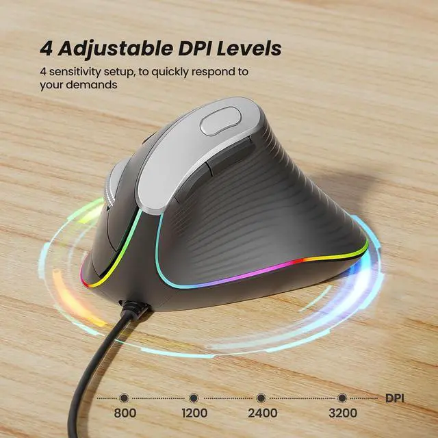 Alt view image 6 of 7 - M504 Wired Vertical Mouse USB Ergonomic Optical Mouse with 4 Adjustable DPI 11 RGB Backlight Modes Compatible for Laptop PC Desktop Mac Grey