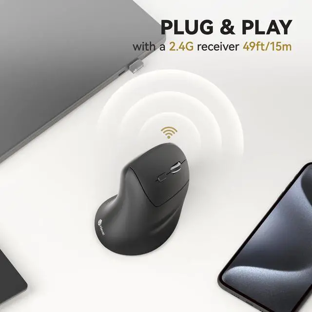Alt view image 3 of 7 - iClever Ergonomic Mouse, WM101 Wireless Vertical Mouse 6 Buttons with Adjustable DPI 1000/1600/2000/2400 Comfortable 2.4G Optical Ergo Mouse for Laptop, Computer, Desktop, Windows, Mac OS, Gray Black