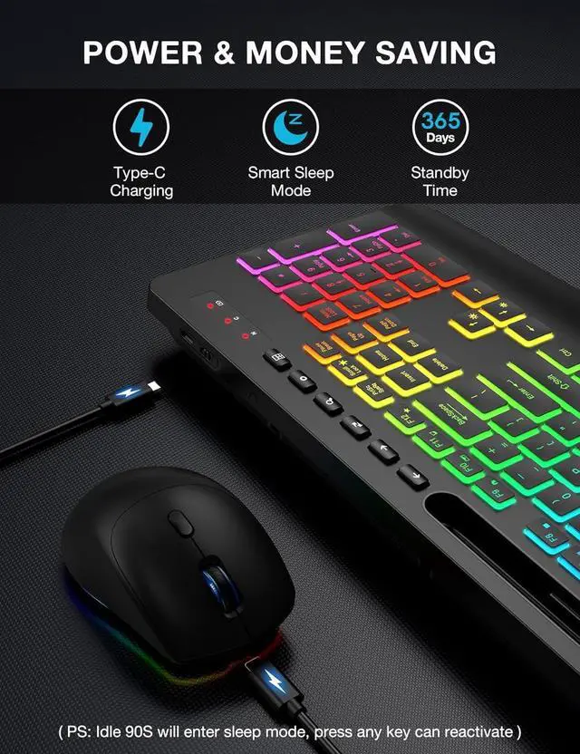 Alt view image 5 of 7 - Wireless Keyboard and Mouse Combo, 9 Backlit Effects, Wrist Rest, Phone Holder, 2.4G Lag-Free Ergonomic Keyboards, Rechargeable Silent Cordless Set for Computer, Laptop, PC, Mac, Windows -SABLUTE