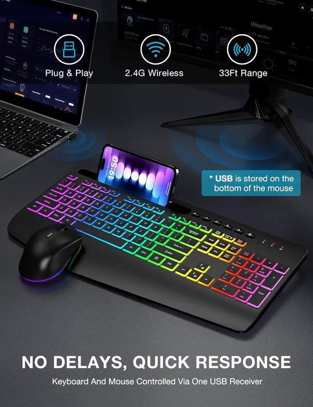 Alt view image 7 of 7 - Wireless Keyboard and Mouse Combo, 9 Backlit Effects, Wrist Rest, Phone Holder, 2.4G Lag-Free Ergonomic Keyboards, Rechargeable Silent Cordless Set for Computer, Laptop, PC, Mac, Windows -SABLUTE
