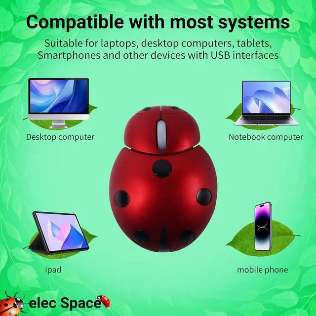 Alt view image 5 of 7 - elec Space Mini Small Wireless Mouse for Kids, Cute Animal Ladybug Shape 3000DPI Portable Mobile Optical Mouse with USB Receiver Cordless Mouse for PC Mac Laptop Computer Notebook (Red)