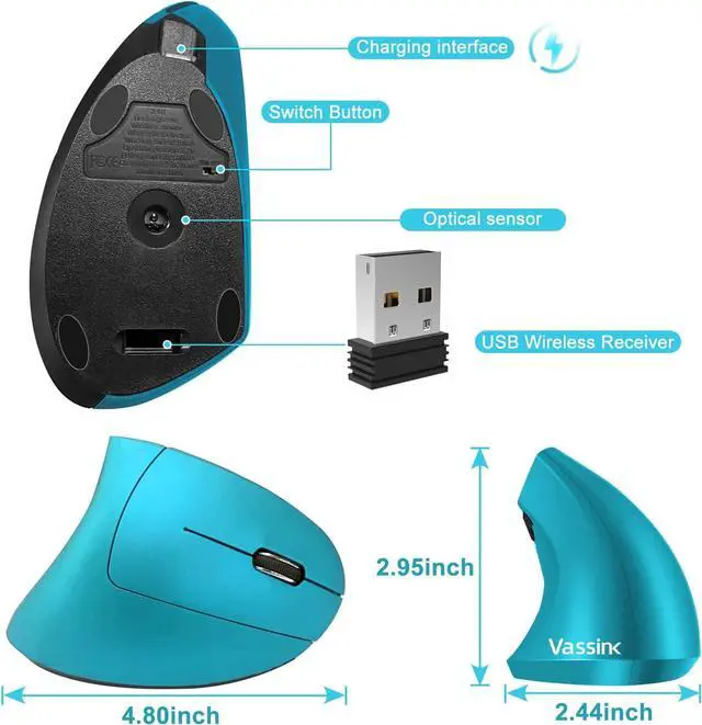 Alt view image 7 of 7 - Vassink Ergonomic Wireless Mouse, Rechargeable Mouse 2.4Hz Vertical Wireless Optical Mice with USB Receiver, 6 Buttons for PC,Laptop,etc Blue